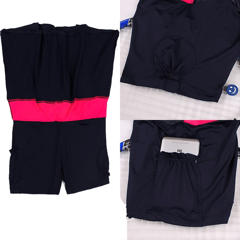 Women's breathable tennis skirt-shorts with pocket, navy and pink design, showcasing quick-dry fabric and convenient mobile pocket.